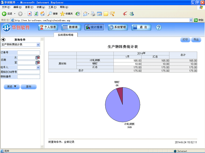华创软件-生产管理系统-统计报表实例：生产物料费统计表